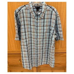 MARMOT Men's Light Blue and Brown Plaid Short-Sleeve Button Down Shirt
